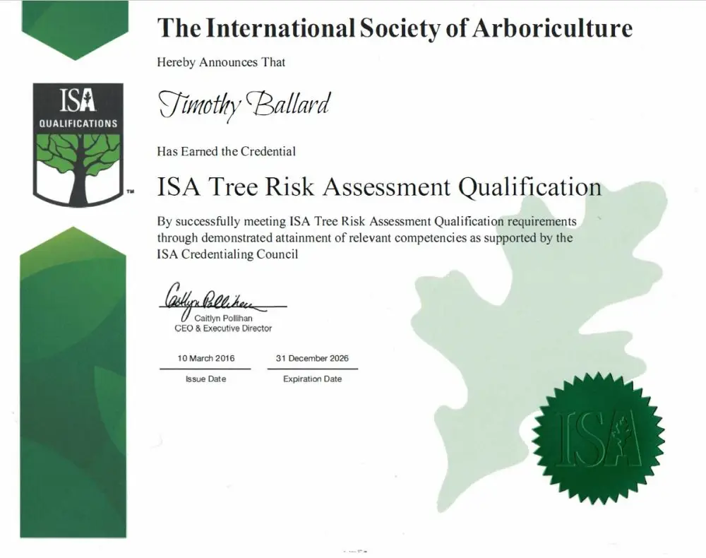 TRAQ certification image related to arborist services in Bowie, MD by Ballard Enterprises.